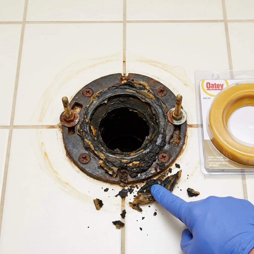 Failed wax ring showing water seepage at the base of a toilet in a Brunswick, NC home