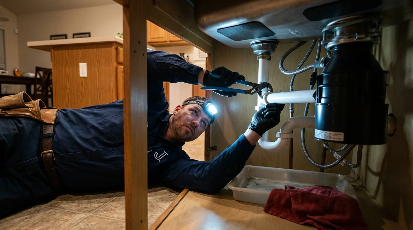 P-trap and supply line connections under a kitchen sink showing a common leak point in Brunswick, NC